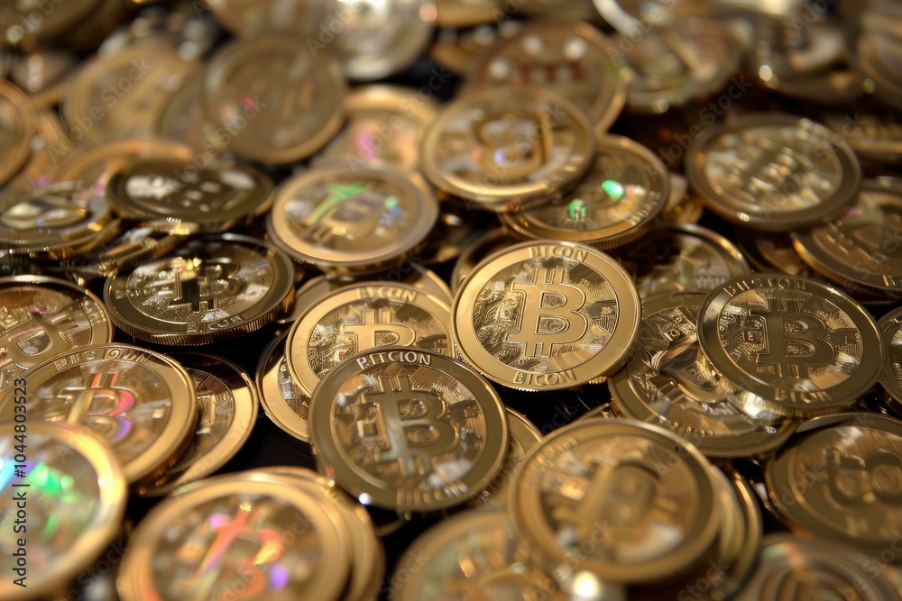 Closeup shot of a stack of bitcoin cryptocurrency shining golden coins