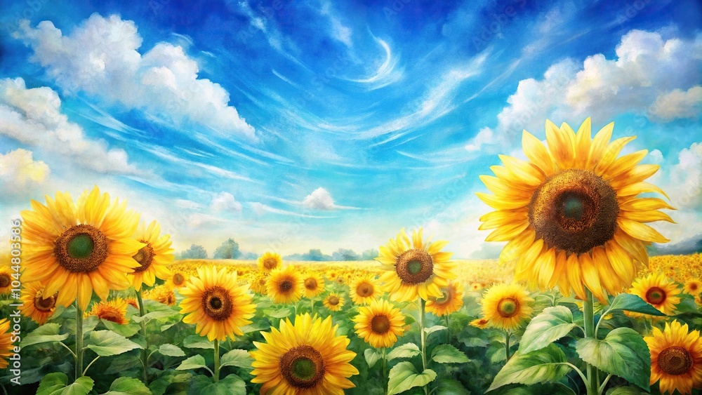 Vibrant watercolor illustration of farm field with sunflowers against blue sky Vibrant watercolor illustration of farm field with sunflowers against blue sky