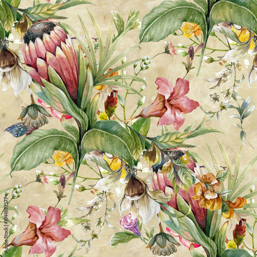 Watercolor painting of leaf and flowers, seamless pattern background