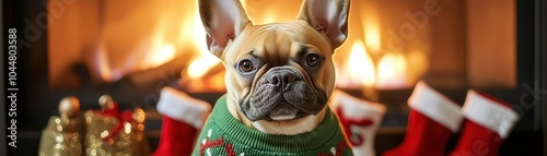 A French bulldog in a green Christmas sweater, sitting by a fireplace with stockings, soft firelight glow, closeup view, ultracute and highly realistic festive moment photo