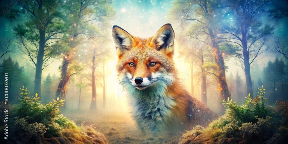 Naklejka premium Enigmatic Kitsune: Enchanting Double Exposure Photography Blending Nature and Mythical Fox Spirits in a Dreamlike Forest Landscape