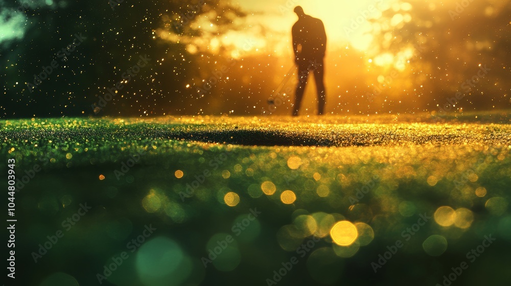 Dynamic golfer's form, double exposure with close-up golf ball at hole's edge, green and light blending to create a serene mood, Golf putting motion, focus balance serenity Dynamic golfer's form, double exposure with close-up golf ball at hole's edge, green and light blending to create a serene mood, Golf putting motion, focus balance serenity