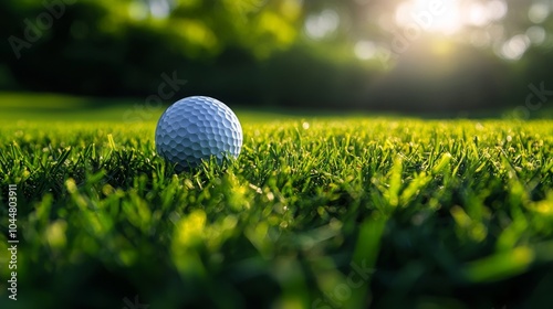 High-contrast close-up of a golf ball resting in the cup, with sharp grass details and soft natural light emphasizing a moment of triumph photo