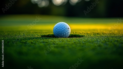 High-contrast close-up of a golf ball resting in the cup, with sharp grass details and soft natural light emphasizing a moment of triumph photo