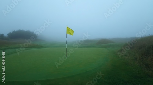 Foggy golf course with bright yellow flag on vivid green grass, low visibility under a gloomy sky, mysterious and tranquil scene