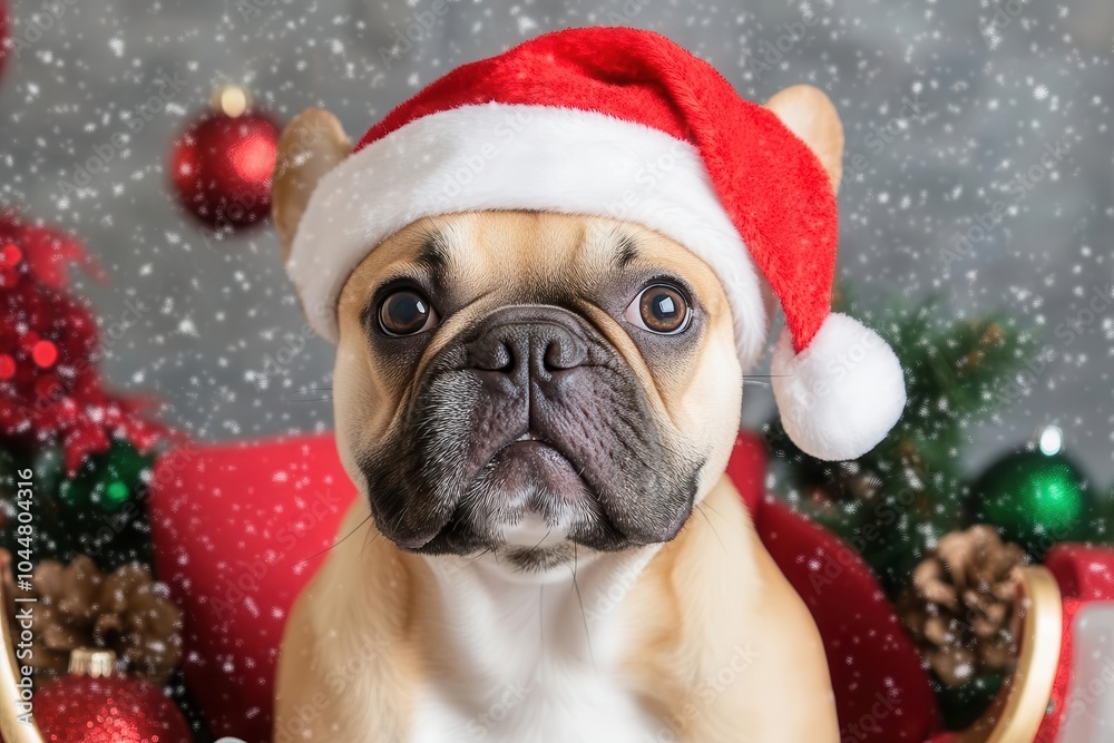 A French bulldog in a Santa hat, sitting in a sleigh with holiday decorations, snow gently falling, soft ambient lighting, frontfacing shot, ultracute photorealistic moment A French bulldog in a Santa hat, sitting in a sleigh with holiday decorations, snow gently falling, soft ambient lighting, frontfacing shot, ultracute photorealistic moment