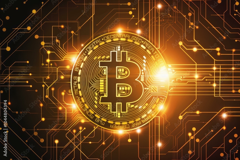 Bitcoin cryptocurrency is glowing on a digital circuit board background, suggesting the future of finance and technology Bitcoin cryptocurrency is glowing on a digital circuit board background, suggesting the future of finance and technology