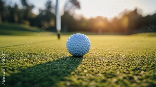 Golf ball in sharp focus near the hole, flag pin slightly out of focus, showcasing a close-up texture of the green under soft sunlight