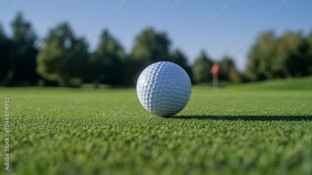 Golf ball soaring through the air, sharp focus on the ball, vibrant green fairway and distant pin in the background. golf ball close-up, outdoor action Golf ball soaring through the air, sharp focus on the ball, vibrant green fairway and distant pin in the background. golf ball close-up, outdoor action