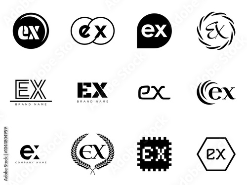 EX logo company template. Letter e and x logotype. Set different classic serif lettering and modern bold text with design elements. Initial font typography.