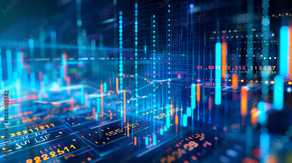 Dynamic Stock Market Data Visualization with Bright Lines on Dark Blue Background, Illustrating Financial Research and Analysis in Trading Environment. Dynamic Stock Market Data Visualization with Bright Lines on Dark Blue Background, Illustrating Financial Research and Analysis in Trading Environment.