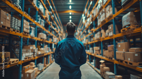 Asian male worker in warehouse, checking stacked cardboard box, inspect and check stock product. Transport logistic business shipping image