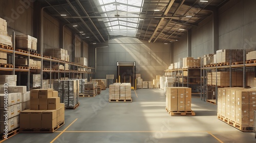 Warehouse interior with skylights, bright and spacious, clean logistics environment.