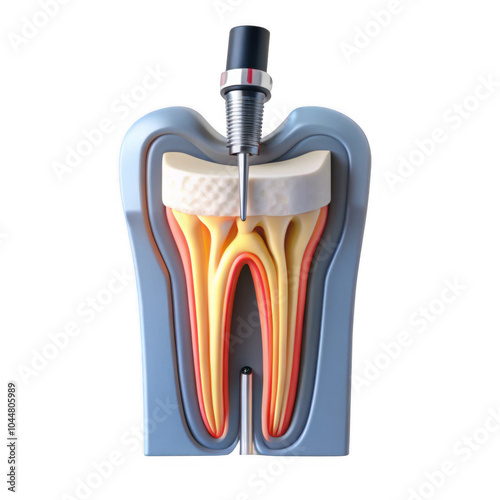 A detailed 3D render of a tooth, showcasing its internal structure including roots, pulp, and enamel. This model is isolated for educational use. photo