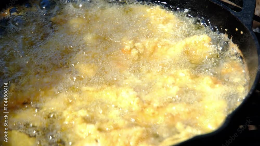 Close up while deep frying catfish nuggets or fish in batter and breadcrumbs in cast iron skillet or pan over firepit while camping outdoors Close up while deep frying catfish nuggets or fish in batter and breadcrumbs in cast iron skillet or pan over firepit while camping outdoors