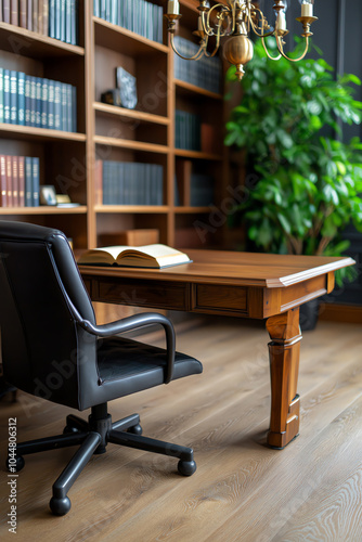 Elegant home office setup with classic wooden desk and shelves filled with books in a cozy environment