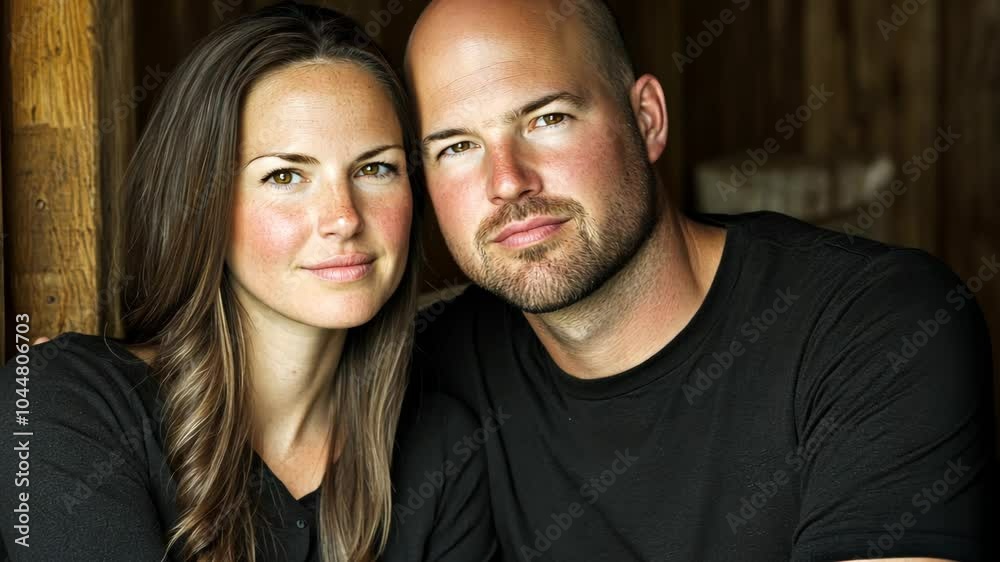 A couple smiles for the camera in front of a wooden wall A couple smiles for the camera in front of a wooden wall