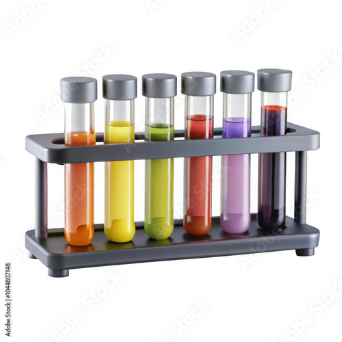 This image features a well-organized rack of six laboratory test tubes filled with colorful liquids in vibrant shades of yellow, green, orange, purple, and red. photo