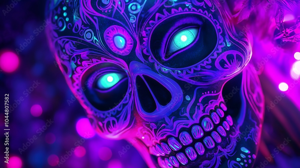 Vivid sugar skull with neon purple and teal accents, glowing eyes, intricate patterns. Vivid sugar skull with neon purple and teal accents, glowing eyes, intricate patterns.