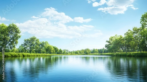 A panoramic banner mockup featuring a serene riverside with lush greenery and a clear blue sky, providing ample blank space for commercial text overlay, ideal for outdoor or eco-friendly promotions