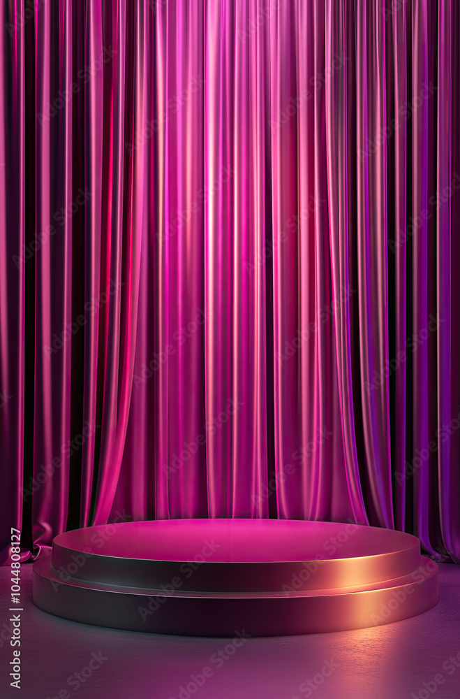 Bold and Vibrant 3D Rendered Podium with Elegant Fuchsia Curtains for a Striking Look