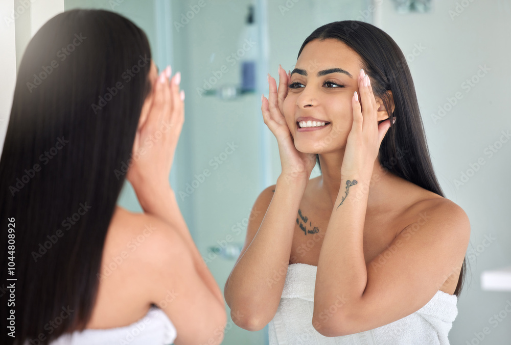 Woman, moisturizing and happy on mirror for skincare, cosmetics and beauty at home in bathroom. Female person, smile and lotion at apartment with treatment for glow, fresh skin and dark circle Woman, moisturizing and happy on mirror for skincare, cosmetics and beauty at home in bathroom. Female person, smile and lotion at apartment with treatment for glow, fresh skin and dark circle