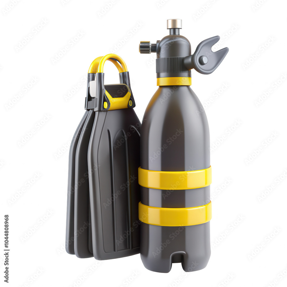Fototapeta premium A 3D render of scuba diving gear featuring a black and yellow oxygen tank with fins, emphasizing model design and functionality.