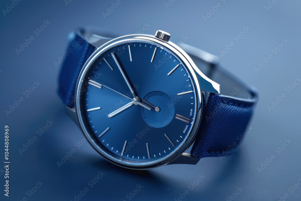 Elegant blue watch with a leather strap on a dark surface Elegant blue watch with a leather strap on a dark surface