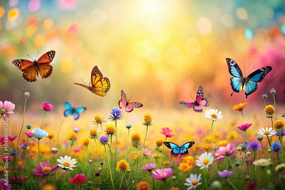 Silhouette field full of flowers with colorful butterflies Silhouette field full of flowers with colorful butterflies