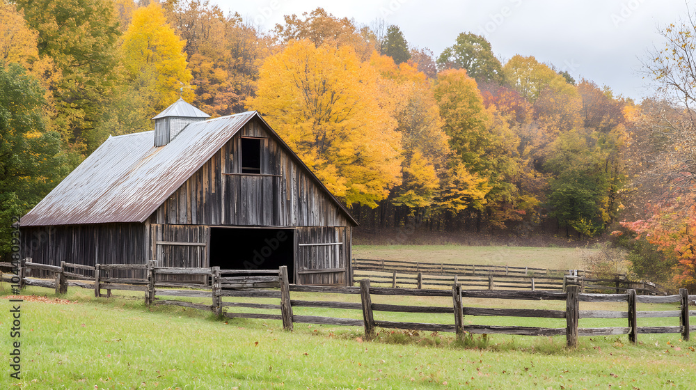 A rustic harvest storage barn with a wooden fence and a backdrop of colorful autumn trees, celebrating Thanksgiving. A rustic harvest storage barn with a wooden fence and a backdrop of colorful autumn trees, celebrating Thanksgiving.