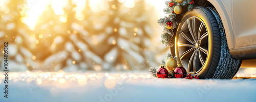 Car tires in a winter setting, adorned with Christmas decor, 3D illustration space for text