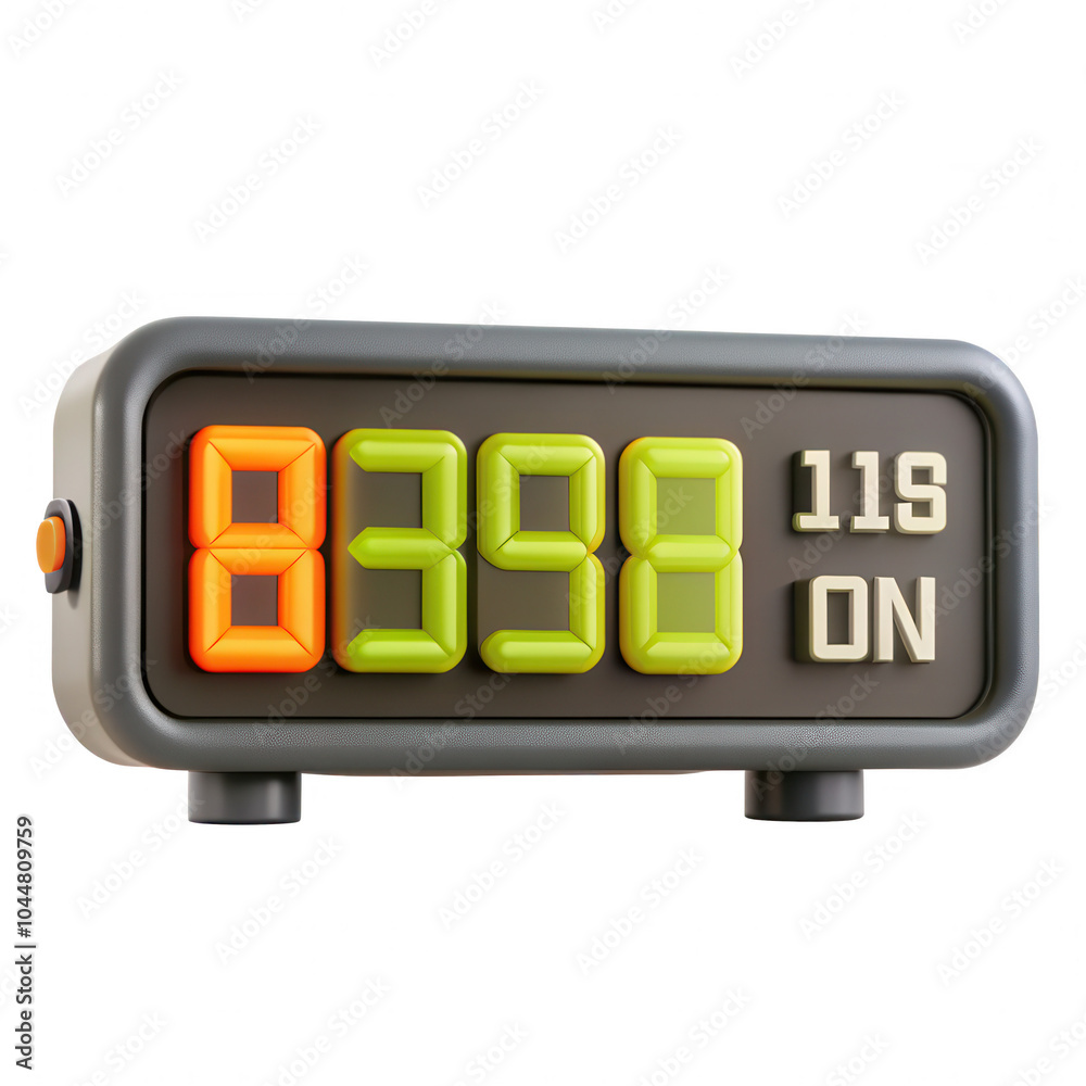 A 3D rendered digital timer displaying the time 8398 with seconds indicated, shown in green and orange colors on a black background. A 3D rendered digital timer displaying the time 8398 with seconds indicated, shown in green and orange colors on a black background.