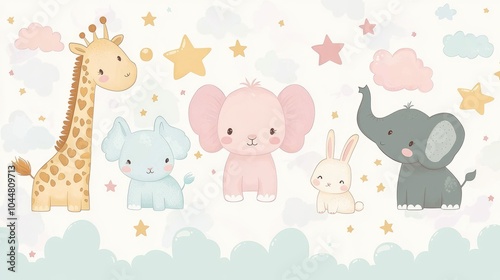 Cute Cartoon Safari Animals with Stars and Clouds - Adorable Giraffe, Elephant, Bunny, and More in Pastel Colors for Nursery Decor