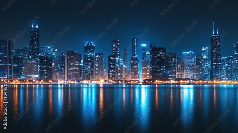 Obraz premium A panoramic banner mockup featuring a vibrant city skyline at night with illuminated buildings, providing ample blank space for commercial text overlay, perfect for urban or nightlife promotions