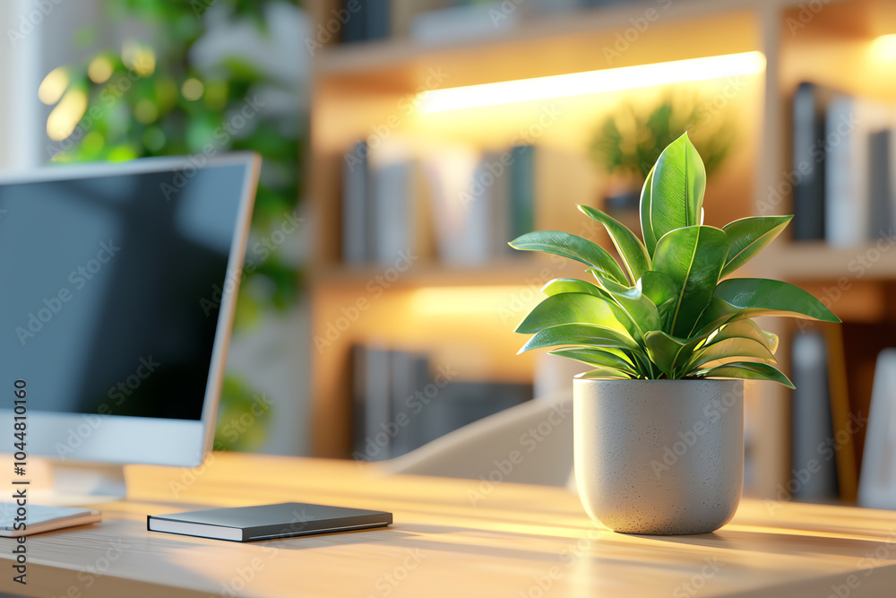 Fototapeta premium A serene workspace featuring a lush green plant in a modern office setting