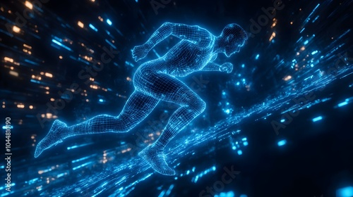 Holographic wireframe athlete mid-run, illuminated in blue neon glow, surrounded by virtual reality graphics and glitch effects, sci-fi background photo