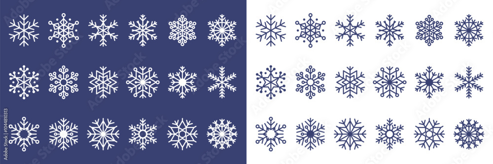 Collection of blue snowflake icons. Set of linear snowflake icons of different shapes on a white background. White snowflakes on a blue background. Clip art for New Year and Christmas designs, cards. Collection of blue snowflake icons. Set of linear snowflake icons of different shapes on a white background. White snowflakes on a blue background. Clip art for New Year and Christmas designs, cards.