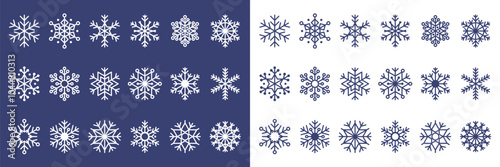 Collection of blue snowflake icons. Set of linear snowflake icons of different shapes on a white background. White snowflakes on a blue background. Clip art for New Year and Christmas designs, cards.
