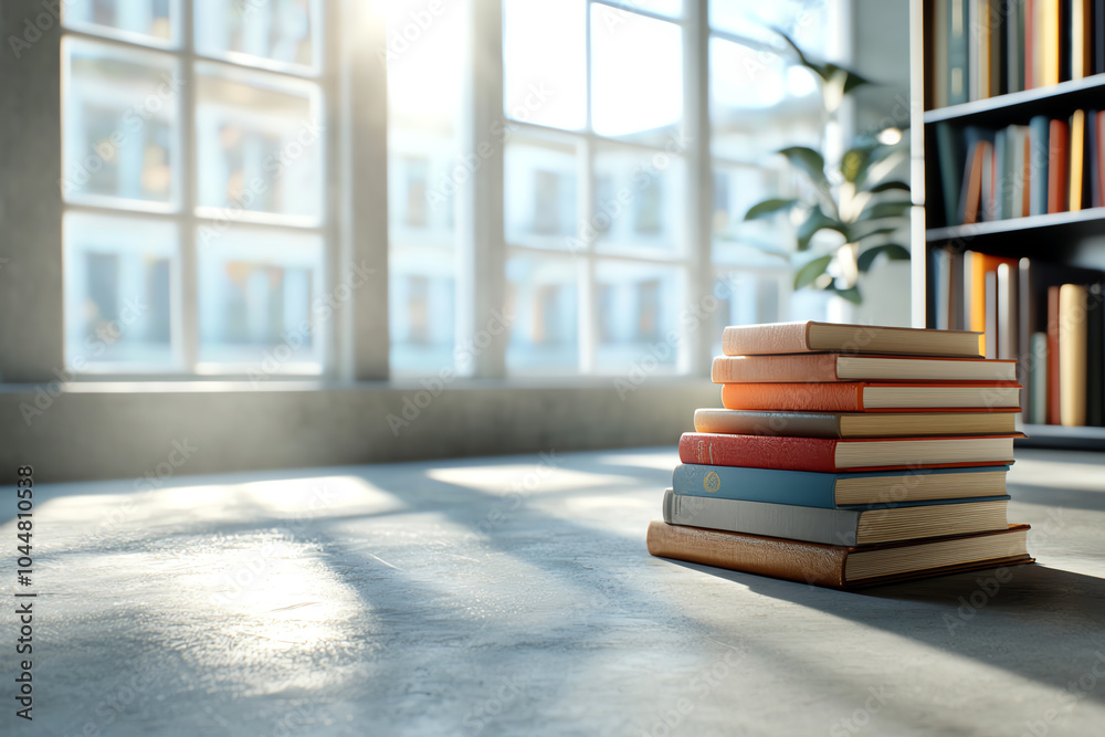 A cozy study space sunlight streaming through windows onto a stack of books in a modern library setting A cozy study space sunlight streaming through windows onto a stack of books in a modern library setting