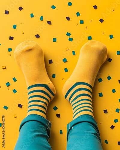 Playful feet in colorful socks on a vibrant yellow background photo