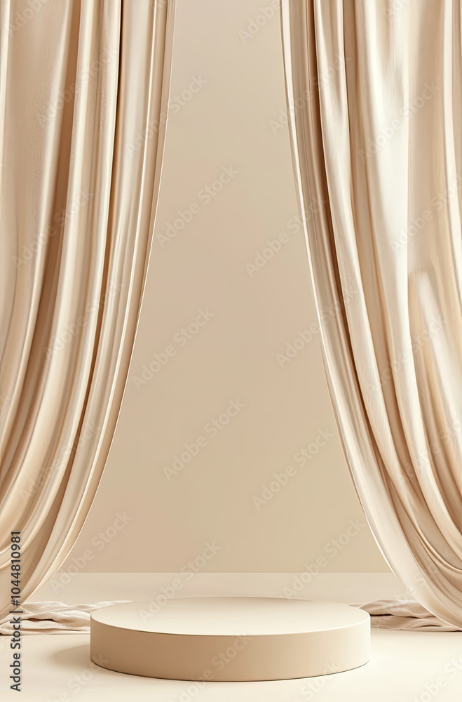 Luxurious and Warm 3D Rendered Podium with Champagne Silk Curtains for an Elegant Vibe