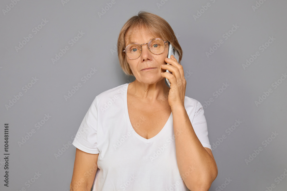 Serious mature woman focused on mobile telephone conversation discussing important matters speaking on smartphone making call concentrating on using cellular device isolated over gray background Serious mature woman focused on mobile telephone conversation discussing important matters speaking on smartphone making call concentrating on using cellular device isolated over gray background