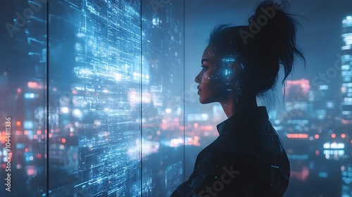 Androgynous figure in futuristic attire reflected in a sleek glass panel, holographic cityscape in the background, soft neon glow, cyberpunk style