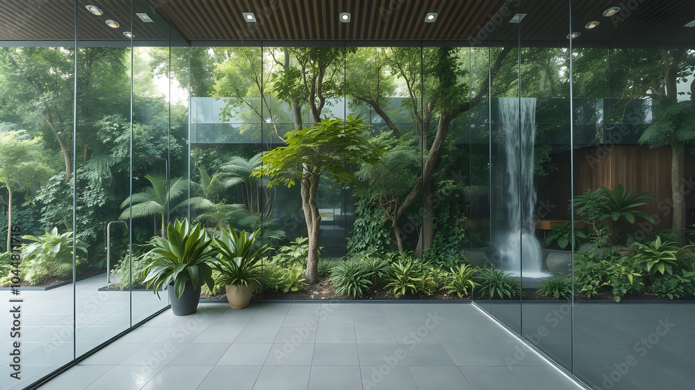 A modern indoor space with large glass walls overlooking a lush, tropical garden featuring a cascading waterfall A modern indoor space with large glass walls overlooking a lush, tropical garden featuring a cascading waterfall