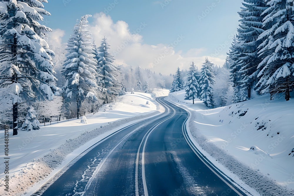 Winter Wonderland Road with Snow-Covered Trees in Serene Landscape for Travel Posters Winter Wonderland Road with Snow-Covered Trees in Serene Landscape for Travel Posters