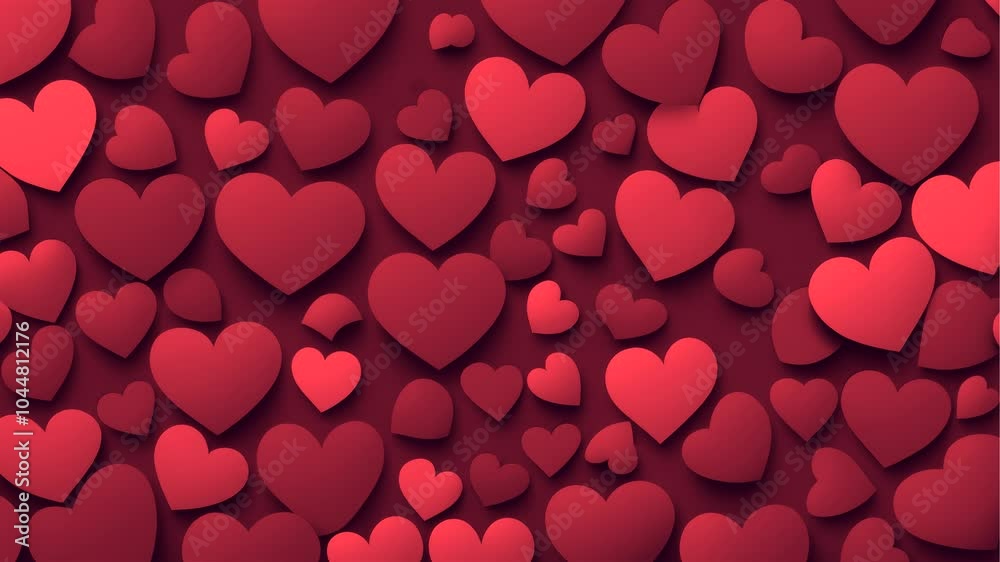 Stop motion loop cartoon animation, background with red hearts in different sizes, abstract fun romantic party background