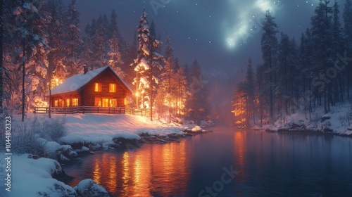 Spectacular northern lights illuminate a winter evening by a hunting hut in the Arctic Circle forest along a tranquil river