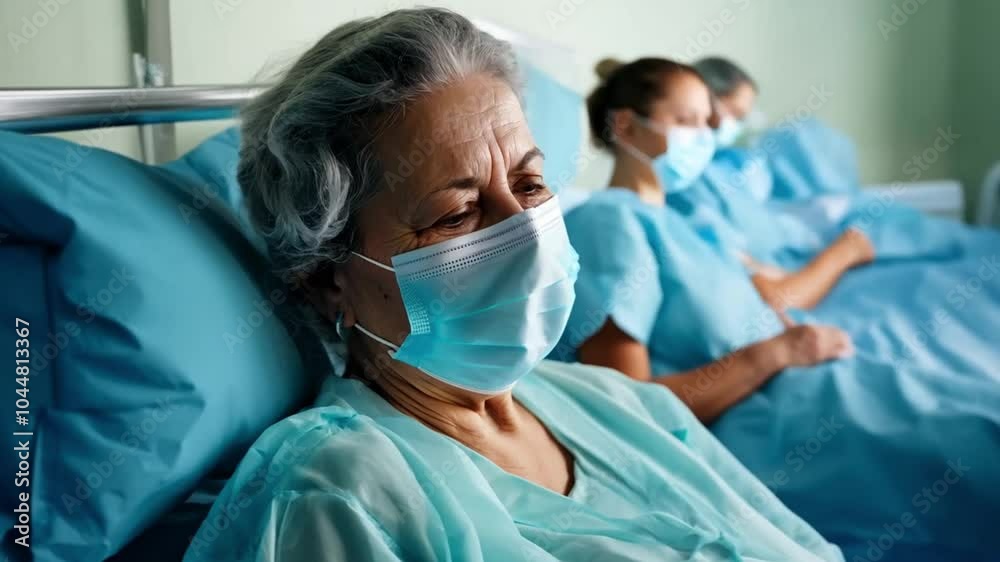 Elderly woman wearing a surgical mask is lying in a hospital bed and looking to her right. A nurse in the background is caring for another patient Elderly woman wearing a surgical mask is lying in a hospital bed and looking to her right. A nurse in the background is caring for another patient