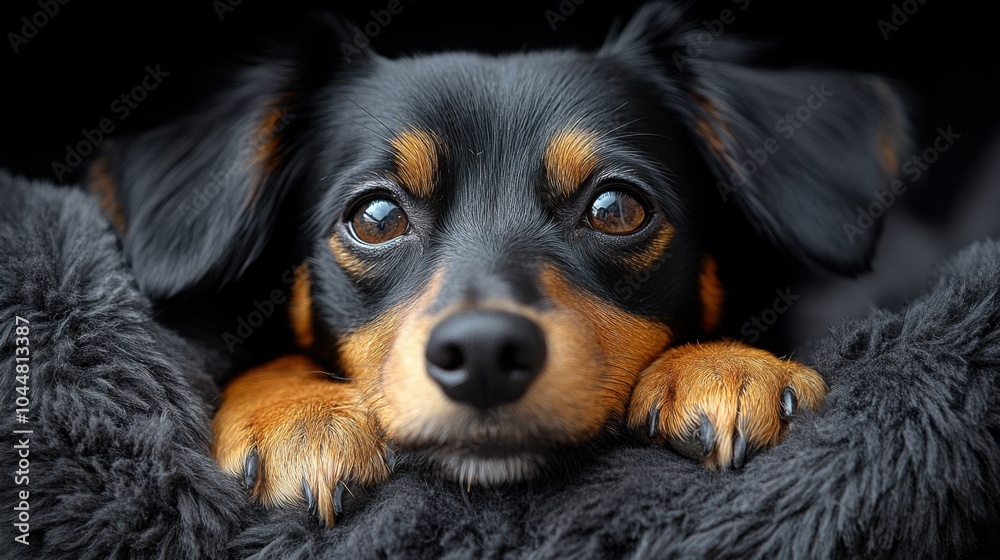 A mini dachshund lies comfortably on a soft, fluffy yarn recliner, enjoying its cozy spot in a hallway with a deep, dark background. A mini dachshund lies comfortably on a soft, fluffy yarn recliner, enjoying its cozy spot in a hallway with a deep, dark background.
