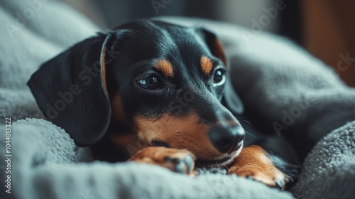 Mini dachshund relaxing on a fluffy yarn recliner in a cozy hallway setting against a dark background